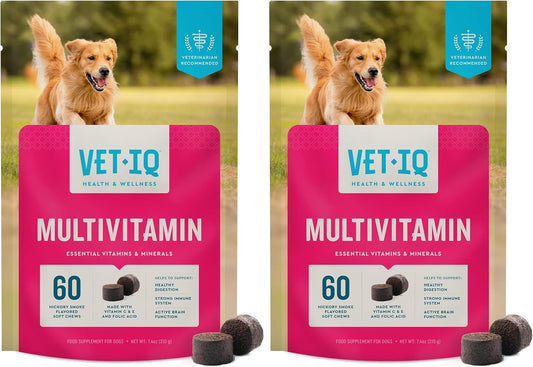 VetIQ Multivitamin Supplement for Dogs, Supports Active Brain Function, Immune System, and Digestive System, Hickory Smoke Flavored Dog Multivitamin, Made in The USA, 60 Count (Pack of 2)