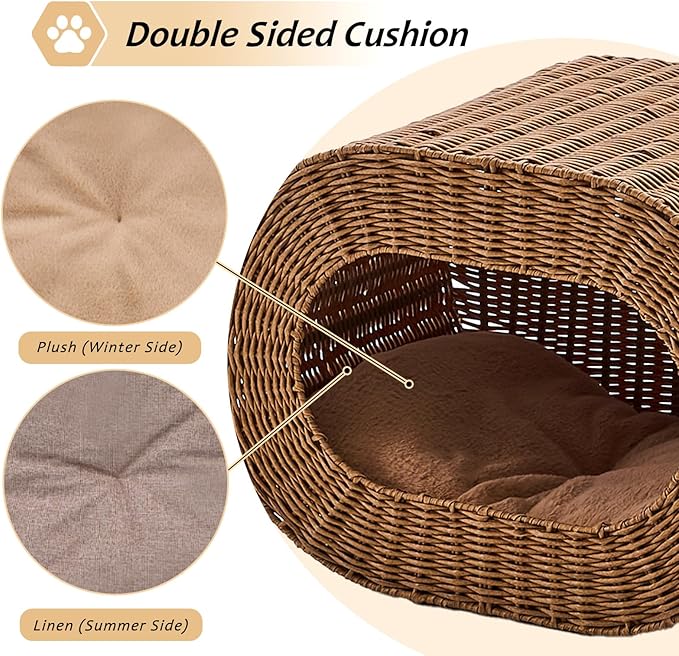 Cat House,Handwoven Cat Cave Pet Cube, Rattan Cat Beds Indoor Kitten House with Double-Sided Soft Cushions, Pet Cat House for Multiple Cats, for Living Room Bedroom