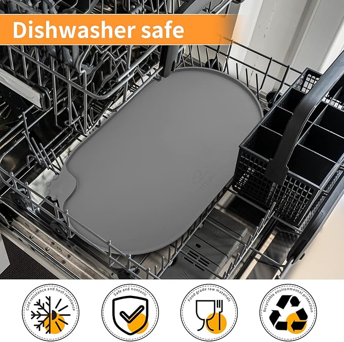 KPWACD Pet Placemat for Dog and Cat, Waterproof Silicone Dogs Feeding Bowl Mat Prevent Food and Water Overflow, High-Lips Puppy Dish Mats Suitable for Small Medium Big Pets, Grey, 24" * 16"