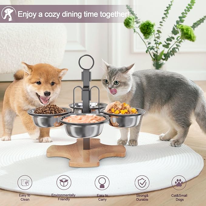 Adjustable Elevated Cat Bowls with Stand, 3 Height Raised Food & Water Bowl Set for Indoor Cats, 4 Stainless Steel Tilted Pet Dishes for Small Dogs, Non-Slip Feeding Station with Anti-Spill Design