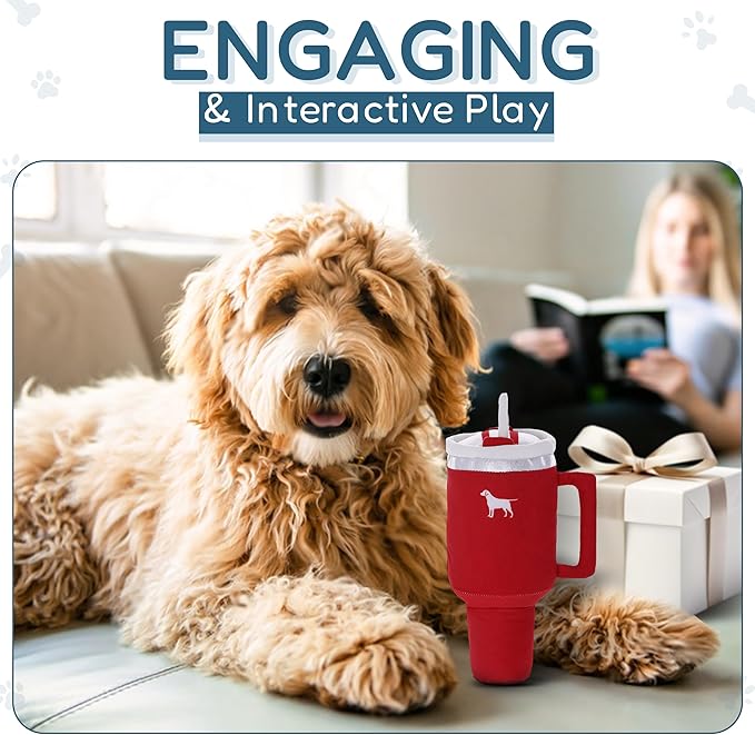 Pup Cup Tumbler Dog Toy – Birthday Dog Toy, Funny Squeaky Plush Puppy Gift, Cute Birthday Present (Ruby Red)