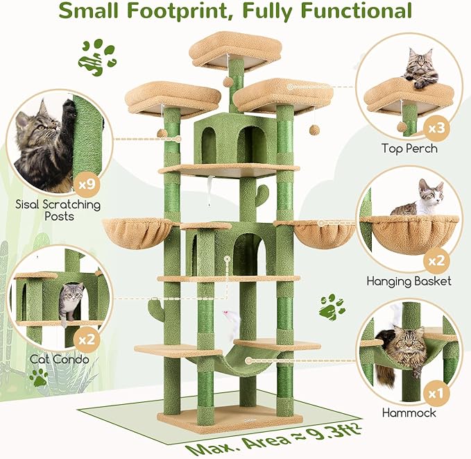 Globlazer Big Cactus Cat Tower for Indoor Cats, 80inch Cat Tower for Multiple Adult Cats XXL Cat Tree with Scratching Post, Hammock, 3 Perches, 2 Condos, 2 Hanging Basket, F80, Green