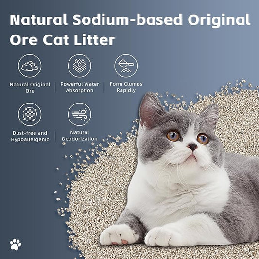 Mineral Ore Clumping Liþer, Natural Sodium-Based Raw Mineral Cat Litter | Dust-Free, Ultra Absorbent, Odor Control | Eco-Friendly, Low Tracking, Clumping Cat Litter (2 * 9.9LBS_Platinum)