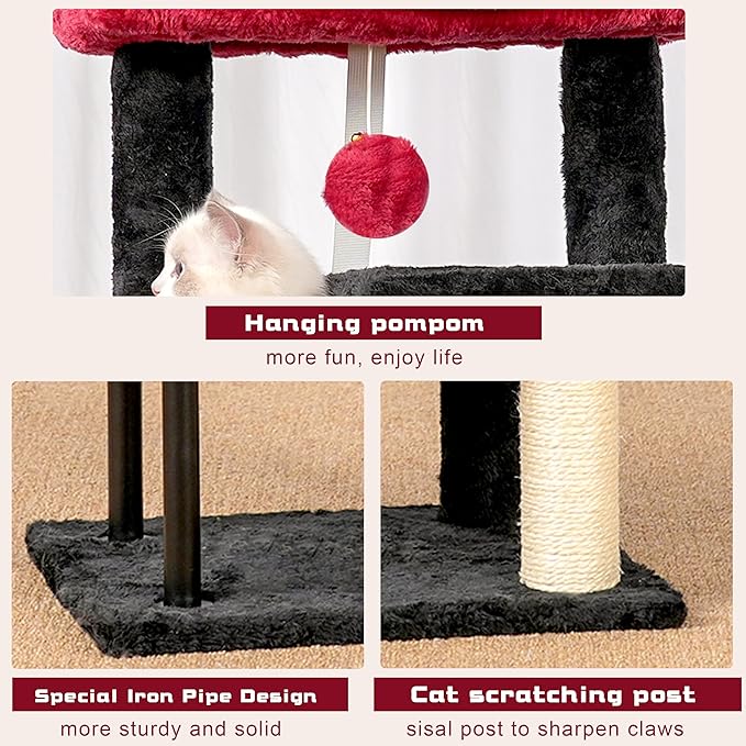 Cat Tree, Cat Tower for Indoor Cats, 43.3 inch Gothic Cat Tree Tower with Sturdy Steel Tube, Hammock, Cat Condo for Small Cats and Kittens, Scratching Post, Black and red GCT004SBR