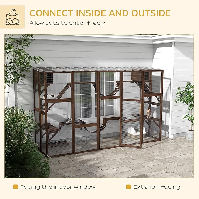 PawHut Catio Outdoor Cat Enclosure Window, Outdoor Cat House with Weather Protection Roof for Multiple Kitties, Wooden Frame, Shelves & Bridges, 118" x 37.5" x 74", Coffee Brown