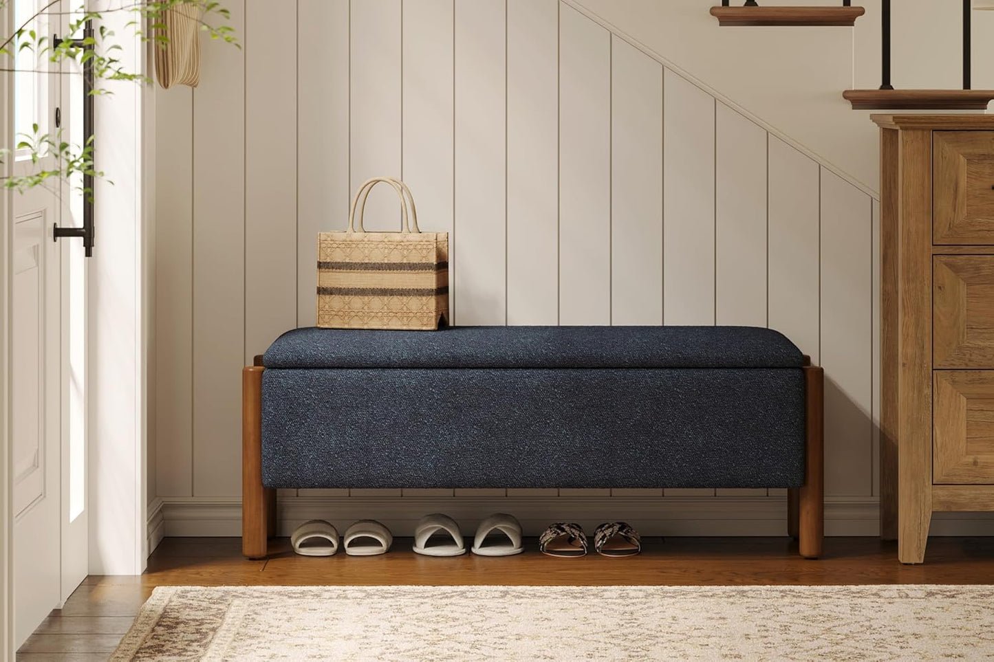 Modern Storage Benches with Walnut Wood Legs, 47'' Ottoman Bench with 20 Gallons Storage Space for Bedroom End of Bed, Fabric Upholstered Entryway Bench with Seating for Livingroom, Blue