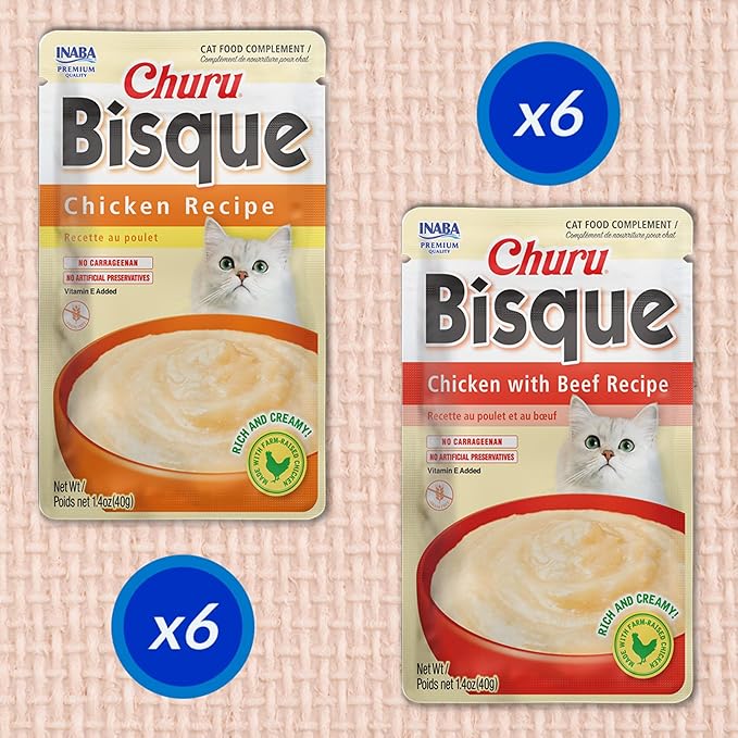 INABA Churu Bisque for Cats, Creamy Lickable Purée Side Dish with Vitamin E, 1.4 Ounces per Pouch, 12 Pouches, Chicken Variety