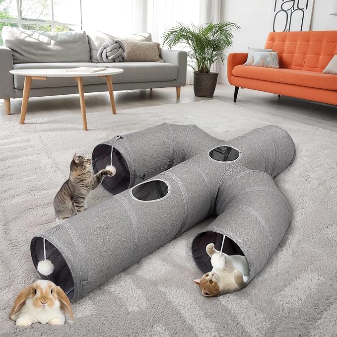 Ownpets Cat Tunnel Large 12 inch Diameter Sturdy Oxford Fabric Cat Tunnel Toy, Cactus Shape Collapsible Cat Tunnels for Indoor Cats,Interactive Peek Hole Pet Tunnel Tube with Cat Wand Toy