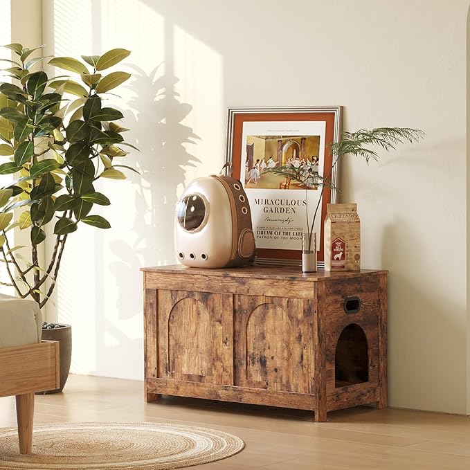 DINZI LVJ Cat Litter Box Enclosure, Flip Top Litter Box Furniture, Farmhouse Hidden Cat Washroom, Wooden Pet House, End Side Table, 31.5"L x 19.7"W x 19.7"H, Sturdy and Easy to Assemble, Rustic Brown