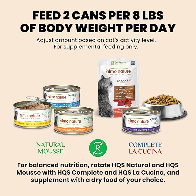 almo nature Wet Cat Food HQS Natural Rotational Diet Chicken & Tuna Selection-Variety Pack, Grain-Free, High-Protein, Highly Digestible, Sensitive Stomach Formula, Additive-Free, 2.47 oz Cans,24-Pack