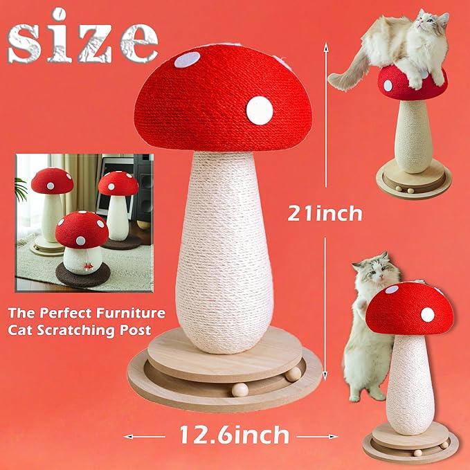 21‘’ H Cat Scratching Post,Cute Mushroom Cat Scratcher Post with Durable Solid Wood Turntable Toy,Mushroom Shape Design Cat Toy Cat Tree Scratcher for Indoor Cats
