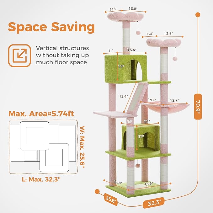 PAWZ Road 70 Inch Cat Tower, Pink Cat Tree with 2 Cozy Condos, 2 Plush Perch, Large Basket, 2 Scraching Pad & 6 Scraching Posts for Indoor Cats Large Adult
