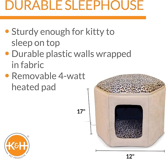 K&H Pet Products Thermo-Kitty Sleephouse Heated Pet Bed Tan/Leopard 12" x 17" 4W