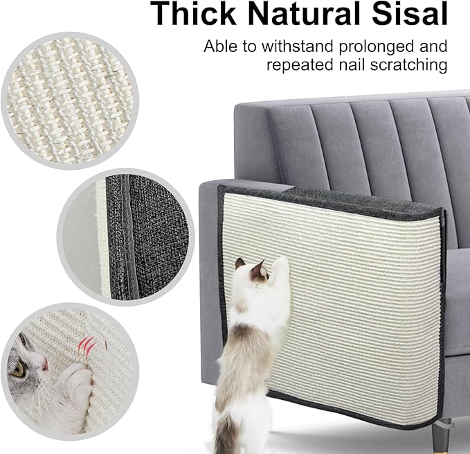 Upgraded Cat Scratch Furniture Couch Protector with 27.6’‘L*19.6’‘W Natural Sisal for Protecting Large Area Couch Sofa Chair(Dark Grey/Right Handed)