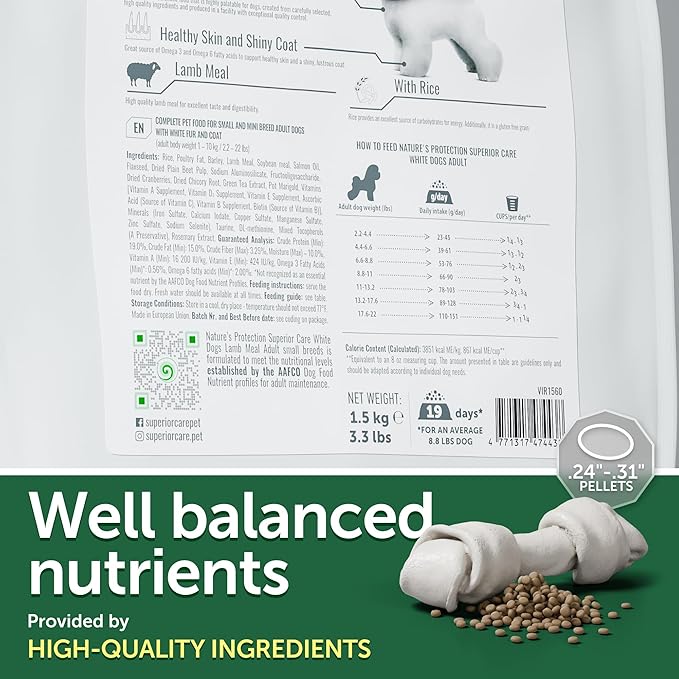 Nature's Protection Superior Care White Dogs Dry Dog Food - High Protein, Tear Stain Dog Food for Small & Mini Breeds Light Coated Adult Dogs, Fresh Pet Meal, Lamb and Rice, 3.3 lb
