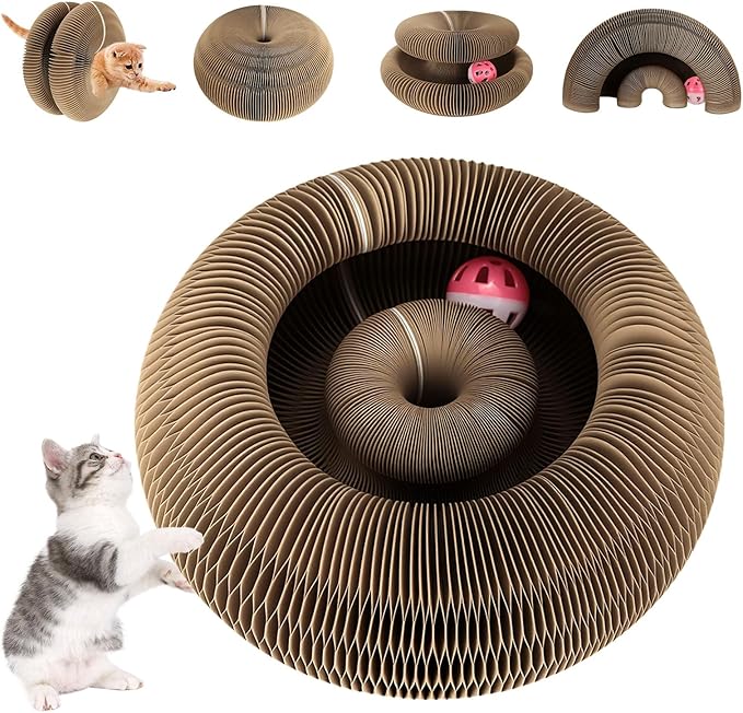 Kitty Kurlz Curls Cat Toy, Magic Organ Cat Scratching Board with Bell-Ball, Foldable Interactive Marlenes Kitten Curls Cat Scratchers for Indoor Cats