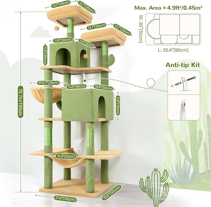 Globlazer Cactus Cat Tree Tower 76-Inch Extra Tall Multi-Level Cat Furniture with Cozy Condos,Interactive Toys and Perches for Large Cats, Perfect for Climbing, Scratching, and Play, F76, Green