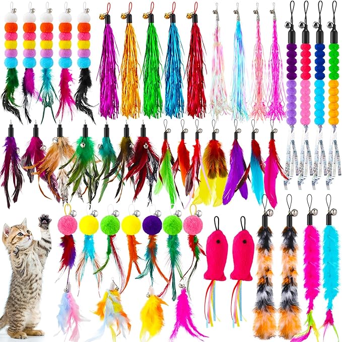50 Pcs Cat Feather Toys Refill Cat Wand Replacement Feathers with Bells Interactive Pet Wand Attachment Toys
