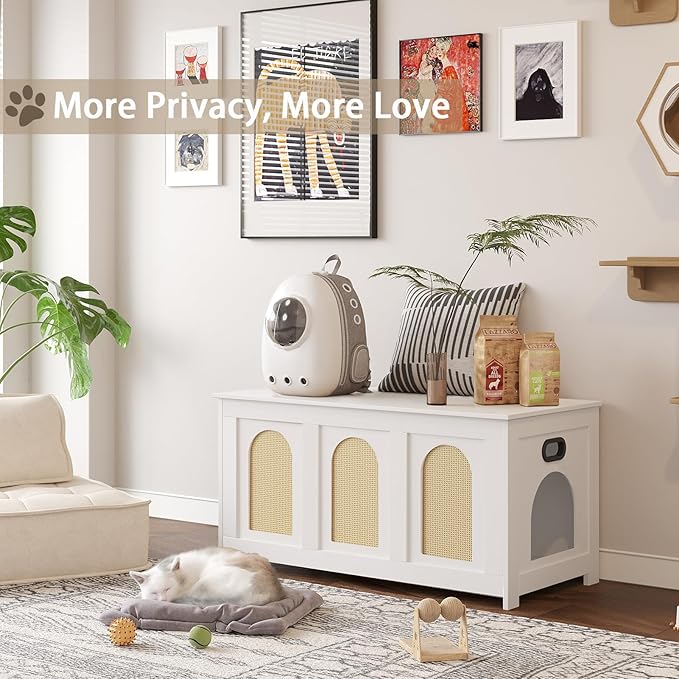 DINZI LVJ Cat Litter Box Enclosure, Flip Top Litter Box Furniture, Rattan-Like Hidden Cat Washroom, Wooden Pet House, End Side Table, 39.4" L x 19.7" W x 19.7" H, Easy to Assemble, White with Rattan