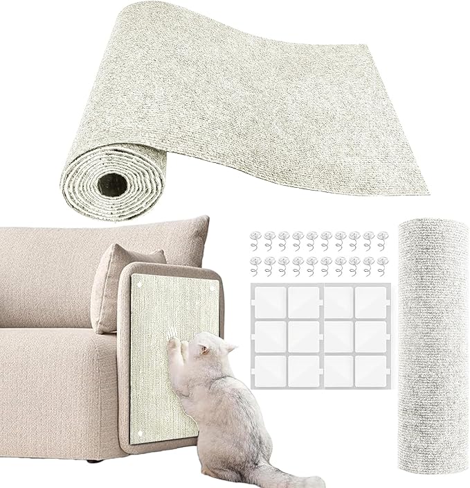 Cat Scratch Couch Furniture Protector, Adhesive Cat Scratch Pad Deterrent for Furniture, DIY Climbing Scratcher for Indoor Cats (Off White, 78.7x15.8 in)