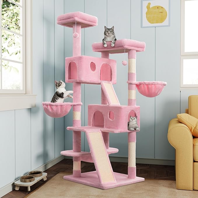 MUTICOR 66 Inches Multi-Level Large Cat Tree Tower for Indoor Big Feline/Cozy Plush Perches/Condo/Sisal Scratching Posts/Hammock and Baskets/Activity Center Play House/Wide Base/Pink