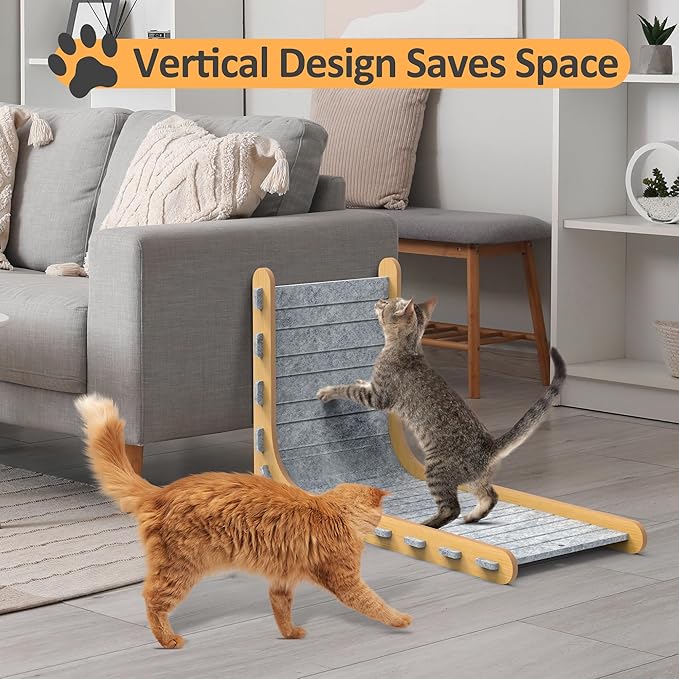 Felt Cat Scratcher for Indoor Cats, 26.8 Inches L Shape Scratching Board Vertical Cat Scratch Post with Fluffy Ball Hanging, Scratch Resistant Felt Cat Scratching Pad, Large