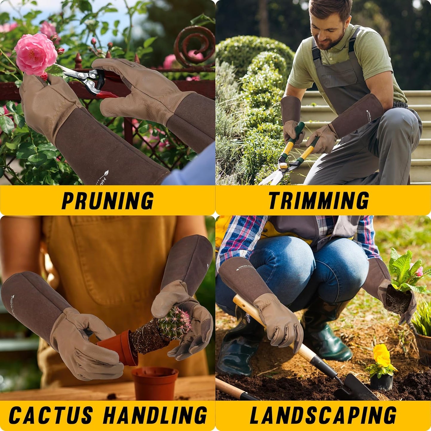 HANDLANDY Long Gardening Gloves for Men & Women, Cowhide Leather Rose Pruning Gloves- Breathable & Durable Gauntlet Glove (Small, Brown)