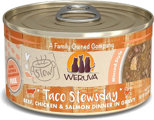 Weruva Classic Cat Stews!, Taco Stewsday with Beef, Chicken & Salmon in Gravy, 2.8oz Can (Pack of 12)