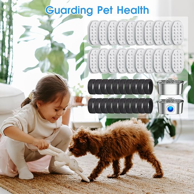 40 Pack Cat Water Fountain Filters-Cat Fountain Replacement Filters for Stainless Steel 3.2L/108oz Adjustable Water Flow Cat Fountain(20 Pack Pet Water Filter Refills+20 Pack Sponges)