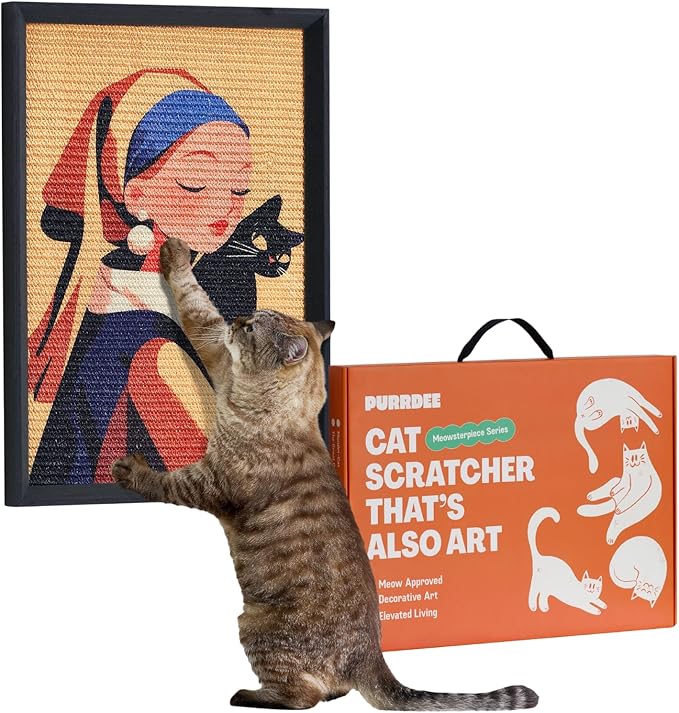 Decorative Wall Art Sisal Cat Scratcher with Vertical Mounted Setup, 14x20 Large & Durable Scratch Pad Ideal for Adult Cats with Gallery-Style Frame That Looks Like a Painting (Girl with Purr)