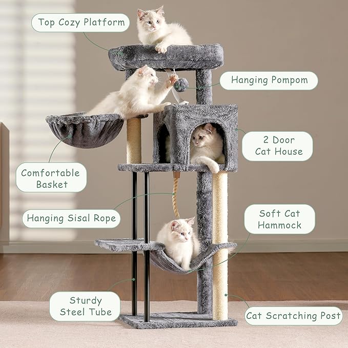 Cat Tree, Cat Tower for Indoor Cats, 43.3 inch Cat Tree Tower with Sturdy Steel Tube, Hammock, Cat Condo for Small Cats and Kittens, Scratching Post, Smoky Gray GCT004SG