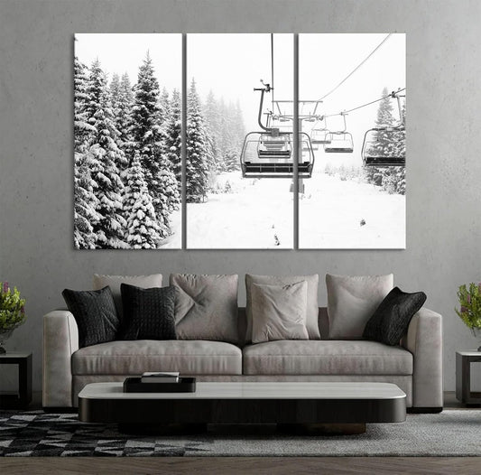 Nature Wall Art Prints - Ocean Forest Mountain Lake Canvas Landscapes - Small to Extra Large Living Room Bedroom Kitchen Bathroom Décor (Ski Lift on Snowy Mountain, 31L" x 47W" - 3 Panels)