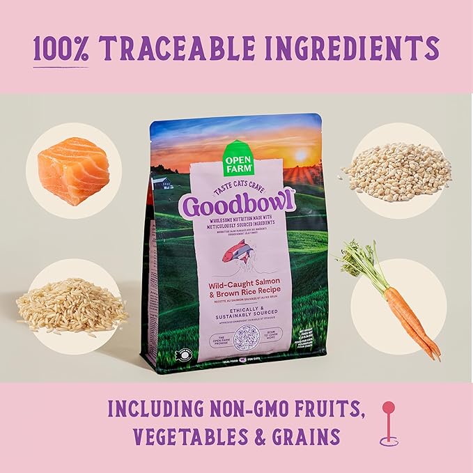 Open Farm Goodbowl, Protein Rich Dry Cat Food Made from Meticulously Sourced Simple Ingredients, Wild-Caught Salmon & Brown Rice Recipe, 3lb Bag (48oz Bag)