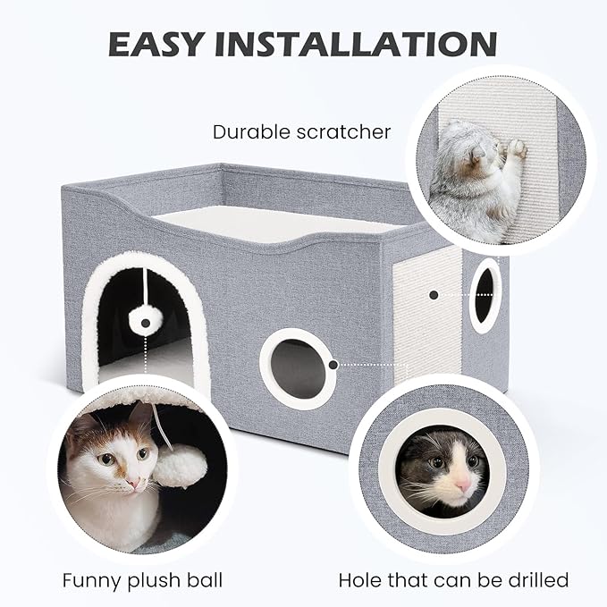 Heeyoo Cat House for Indoor Cats - Large Cat Bed Cave with Fluffy Ball and Scratch Pad, Foldable Cat Houses & Condos, Cat Hideaway, Covered Cat Bed for Multi Small Large Kitty, 23.8x15.9x13.2 Inches