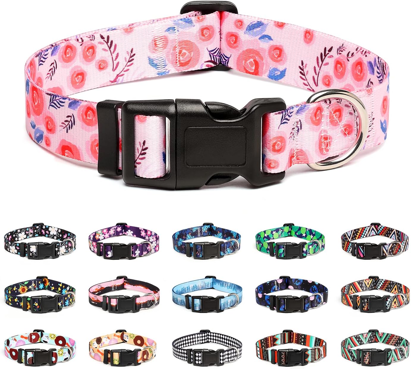Mercano Adjustable Dog Collar - Special Design Patterns, Soft Nylon Comfortable Durable Pet Collar for Small Medium Large Dogs (M, Rose)