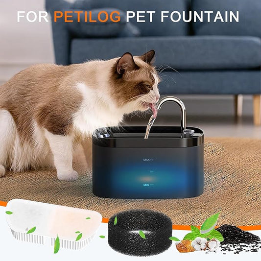 Cat Water Fountain Filters for 84oz/2.5L Petilog Pet Water Dispenser Fountain (4 Filters& 4Sponges)