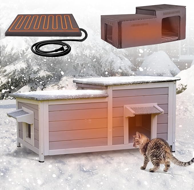 GUTINNEEN Heated Cat House for Outside, Insulated Cat House Outdoor Weatherproof with Bite-Resistant Wires, Electric Heating Mat, 2 Access Doors & Openable Roof