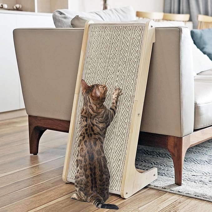 PETKARAY L Shape Cat Scratcher, Sisal Scratching Ramp, Chevron Scratching Pad for Indoor Cats, 27" Wall Furniture Protector with Mouse Toy