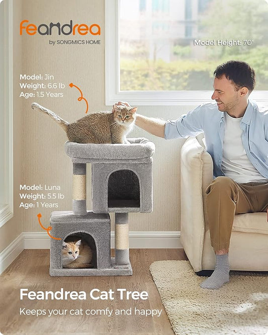 Feandrea Cat Tree, 26.4-Inch Cat Tower, S, Cat Condo for Kittens up to 7 lb, Large Cat Perch, 2 Cat Caves, Scratching Post, Light Gray UPCT611W01