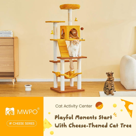 MWPO Cat Tree, 63.8-Inch Cat Tower for Indoor Cats, Multi-Level Cat Condo with 5 Scratching Posts, 2 Perches, Hammock, Dangling Toys, Yellow