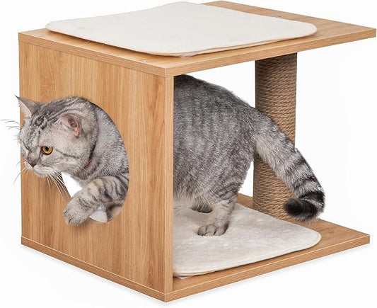 Modern Cat Tree & Condo - Natural Wooden Cat House Indoor with Cozy Kitten Bed, Elevated Perch & Integrated Scratching Post - Stylish Cat Furniture (18.3" D x 14.6" W x 14.6" H)