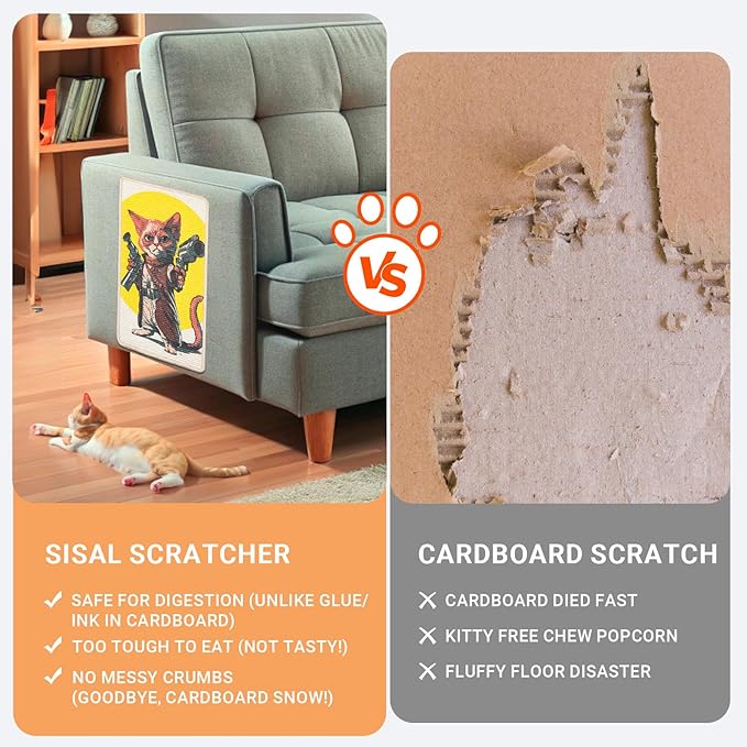 SOLDAY Sisal Cat Scratcher Mat 22x13 inch for Floor Wall Carpet Couch Furniture, Cat Scratching Posts Board with Velcro Tape, Anti Scratch Furniture Protector(Pistol Cat)