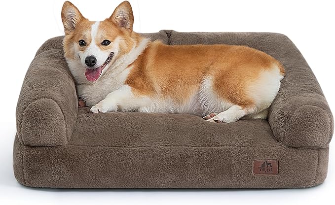 Hollypet Fluffy Plush Dog Cat Pet Couch Soft Calming Sofa Bed for Medium Small Cats and Dogs, Gray, 28"x21"x10"