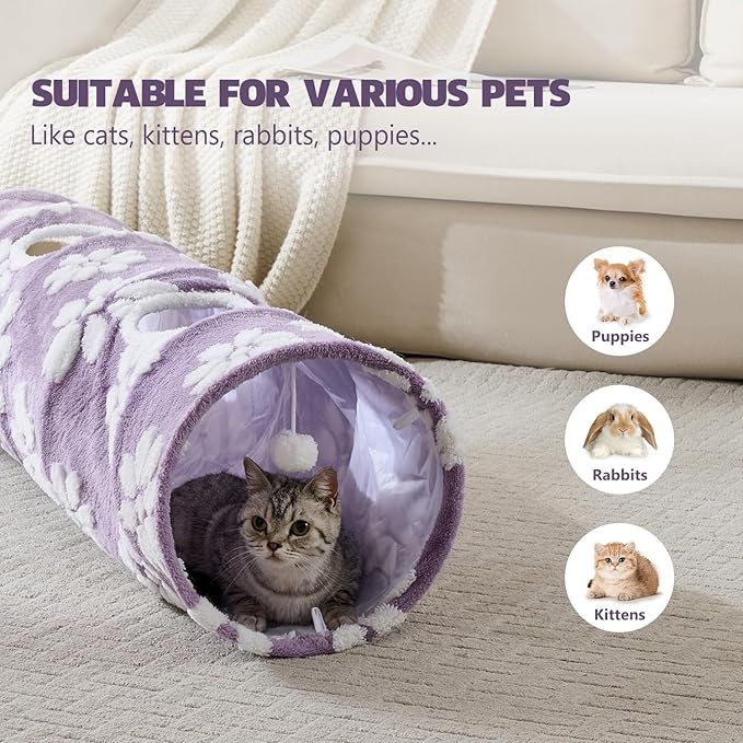 Straight Cat Tunnel for Indoor Cats 47"x12", Cute Cat Toys Collapsible Tunnel Tube with Balls for Puppy Kitten Rabbit, Purple Flower