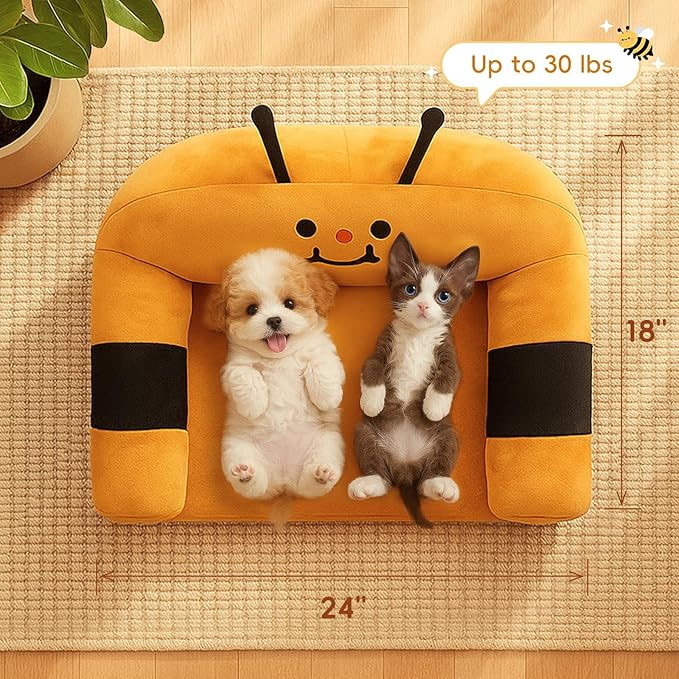 Cute Cat Couch with Soft Pillow, Supportive Dog Couch, Cat Sofa with Removable Cover，Cute Bee Shaped, 24 Inch