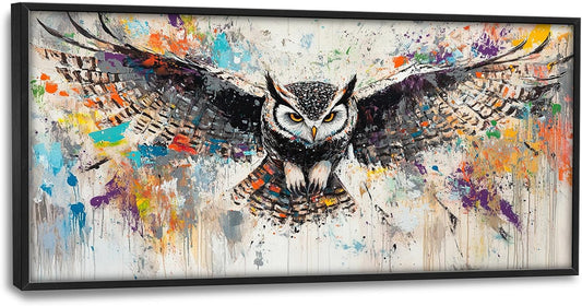 Large Owl Wall Art for Living Room, Framed Oversized Banksy Owl Wall Decor Colorful Wildlife Canvas Painting Animal Pictures Modern Artwork for Living Room Bathroom Bedroom Office Dining Room 60"x30"