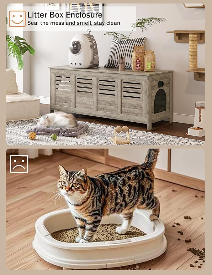 DINZI LVJ Litter Box Enclosure Furniture for 2 Cats, Top Opening Hidden Litter Box with Double Rooms, Dual Cat House with Good Ventilation, 47.2" Wooden Washroom, Cabinet, Gray Wash