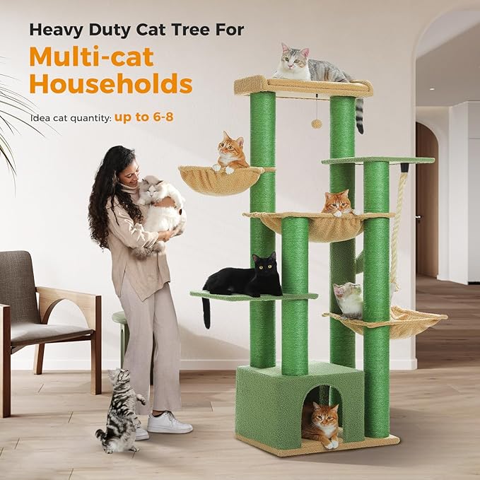 Cactus Cat Tree for Large Indoor Cats – 67" Tall Cat Tower with 13 Thick (φ4.3in) Scratching Posts, Spacious Top Bed, Metal Frame & Cozy Hammocks, Ideal for Maine Coon (Up to 20 lbs) - Green