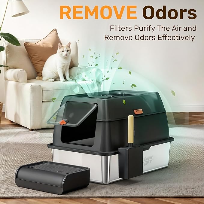 XL Stainless Steel Cat Litter Box with Enclosure and Pooper Scooper - Durable Black Metal Litter Box for Big Cats, High Sides for Anti-Leakage, Never Absorbs Odors, Non-Sticky - (60x40cm) (Black)