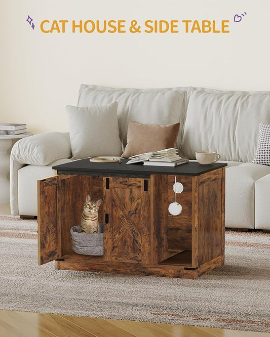 Cat Litter Box Enclosure, Hidden Litter Box Cabinet Furniture with Bell, Indoor Cat House, Farmhouse Style, 31.5 x 19.7 x 20.9Inches, for Hallway, Bedroom, Rustic Brown and Black CB82401X